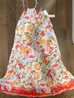 Lilly Pulitzer White Floral Spaghetti-strap Chemise with Coral Hem